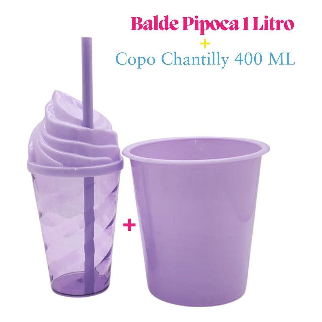 30 Kit Festa Baldinho Pipoca 1Lt + 30 Copos Chantily 400 Ml Lembrancinha Cinema Chá Reveleção