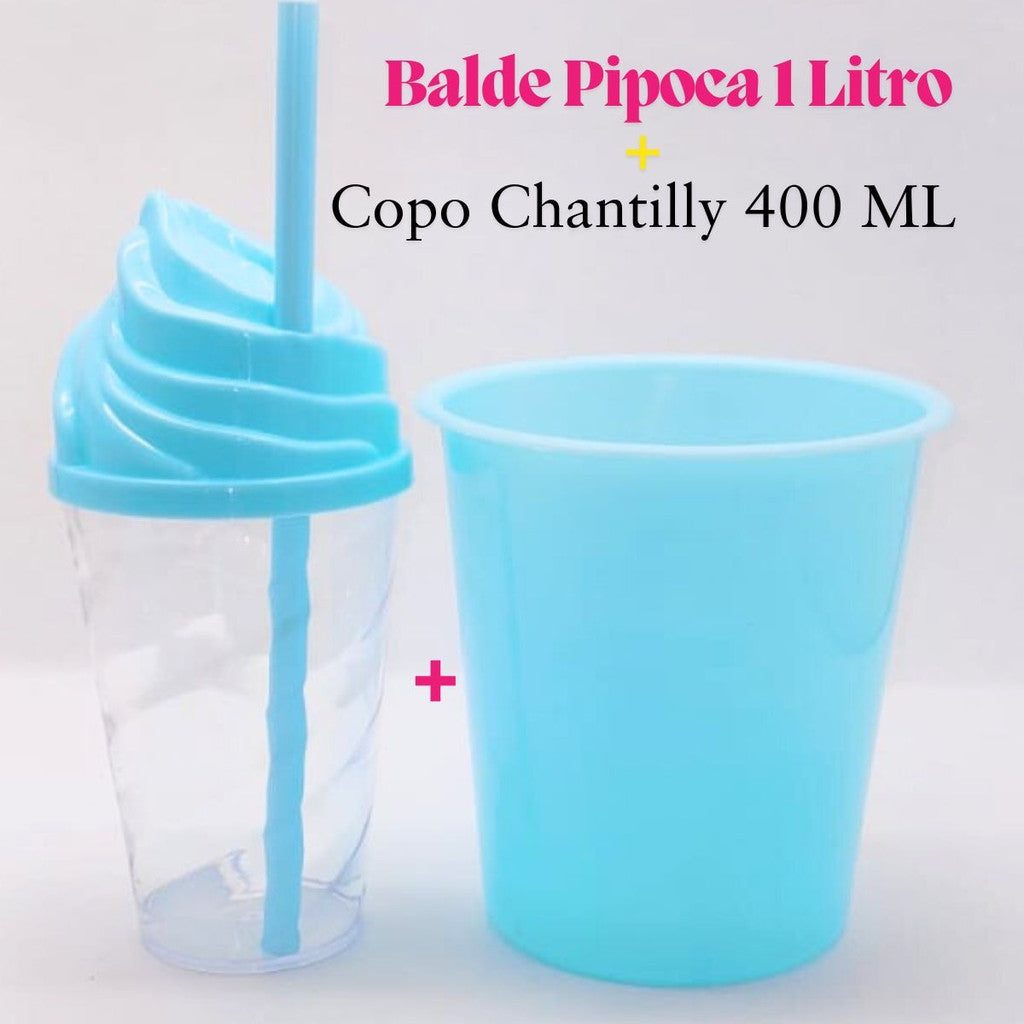 30 Kit Festa Baldinho Pipoca 1Lt + 30 Copos Chantily 400 Ml Lembrancinha Cinema Chá Reveleção