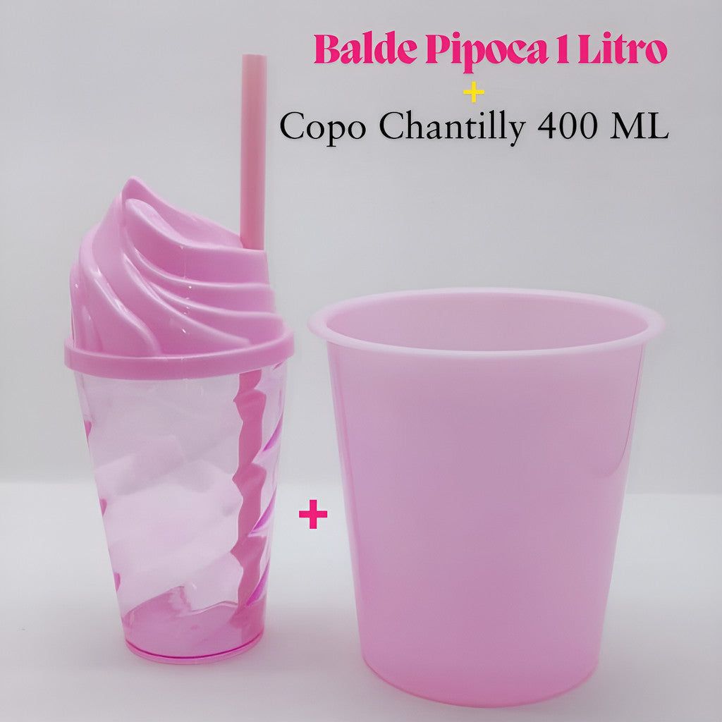 30 Kit Festa Baldinho Pipoca 1Lt + 30 Copos Chantily 400 Ml Lembrancinha Cinema Chá Reveleção