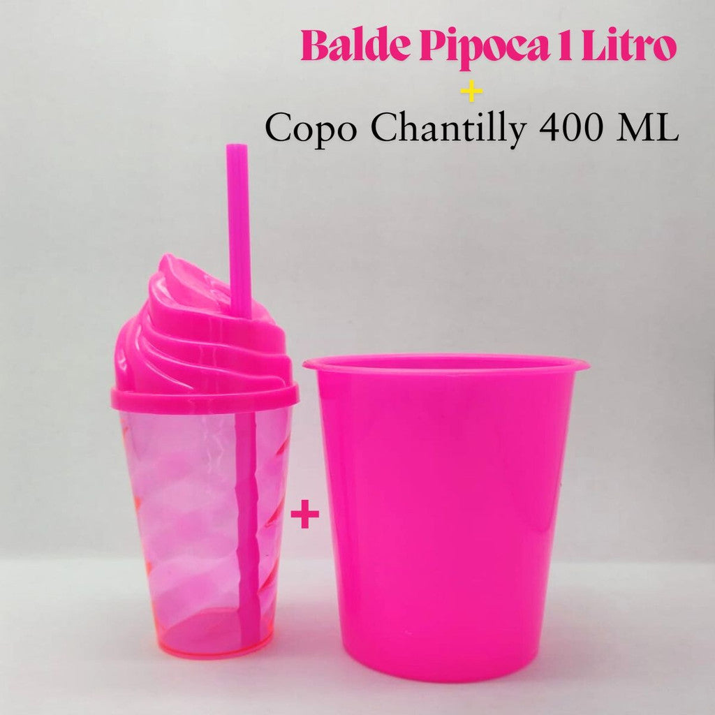 30 Kit Festa Baldinho Pipoca 1Lt + 30 Copos Chantily 400 Ml Lembrancinha Cinema Chá Reveleção