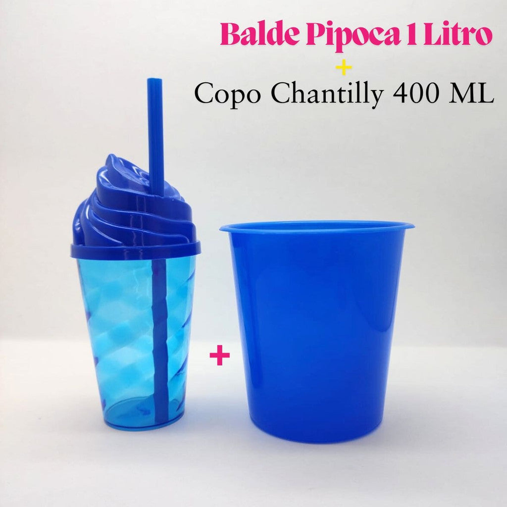30 Kit Festa Baldinho Pipoca 1Lt + 30 Copos Chantily 400 Ml Lembrancinha Cinema Chá Reveleção