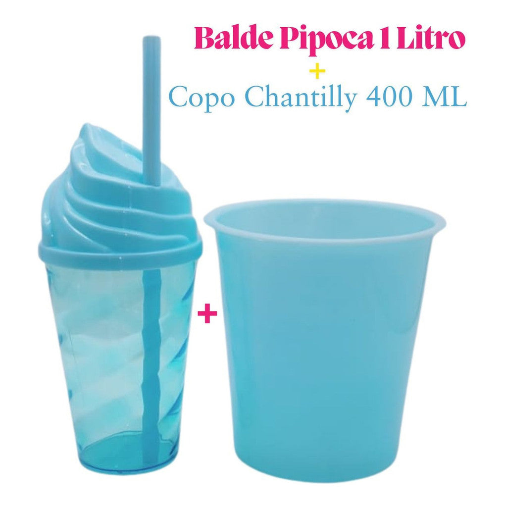 30 Kit Festa Baldinho Pipoca 1Lt + 30 Copos Chantily 400 Ml Lembrancinha Cinema Chá Reveleção