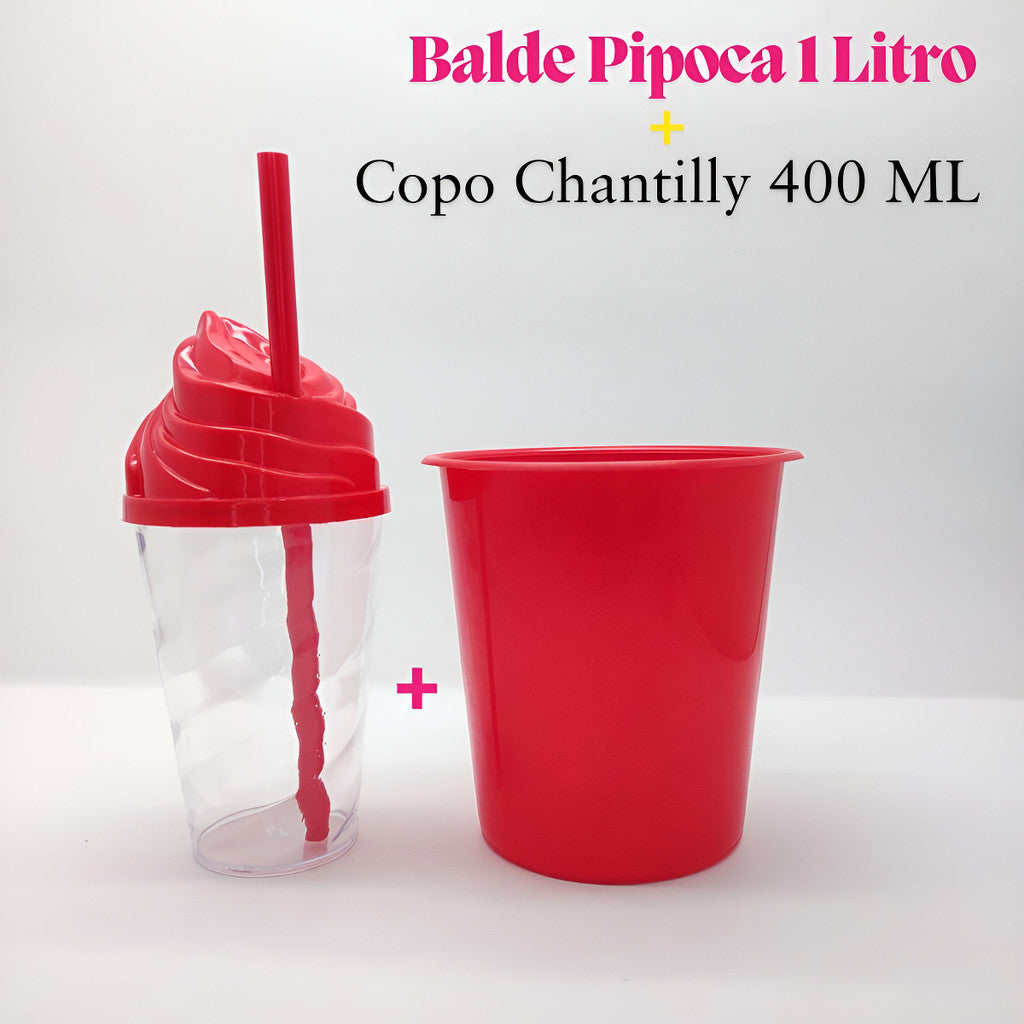 Kit Cinema 30 Baldinho Pop Pipoca 1 L + 30 Copo Chantilly 400ml Aniversario Lembrancinha