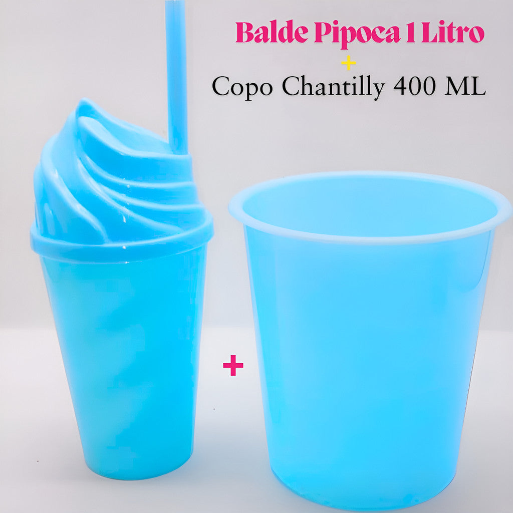 30 Kit Festa Baldinho Pipoca 1Lt + 30 Copos Chantily 400 Ml Lembrancinha Cinema Chá Reveleção