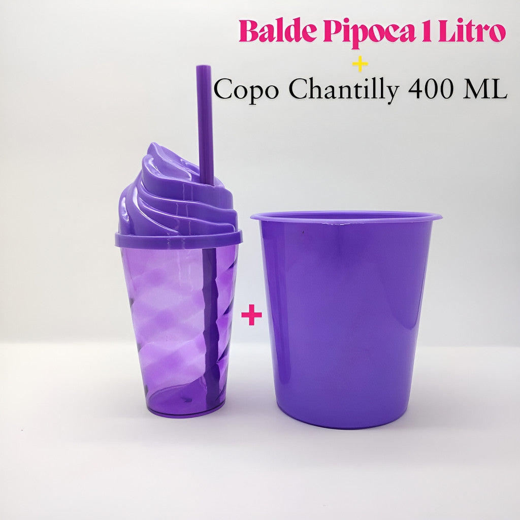 30 Kit Festa Baldinho Pipoca 1Lt + 30 Copos Chantily 400 Ml Lembrancinha Cinema Chá Reveleção
