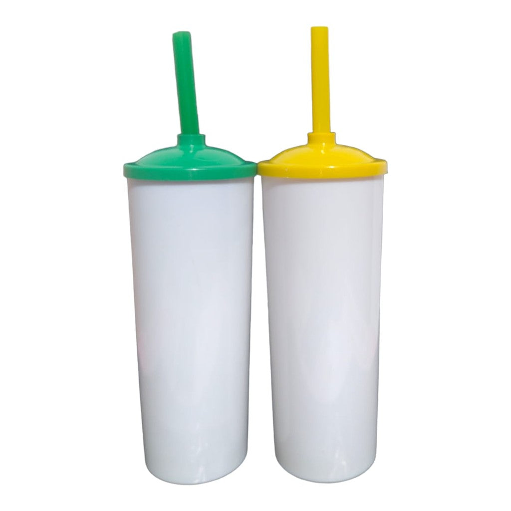 30 Long Drink Branco C/ Tampa e Canudo Colorido 350 Ml Para Transfer
