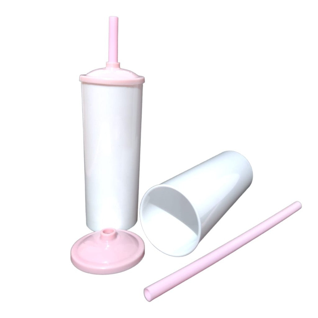 30 Long Drink Branco C/ Tampa e Canudo Colorido 350 Ml Para Transfer