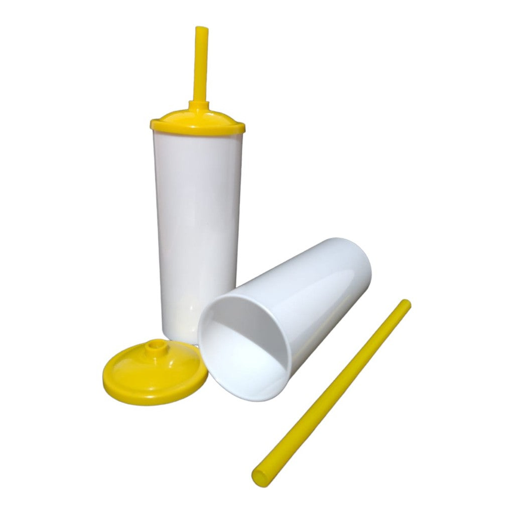 30 Long Drink Branco C/ Tampa e Canudo Colorido 350 Ml Para Transfer