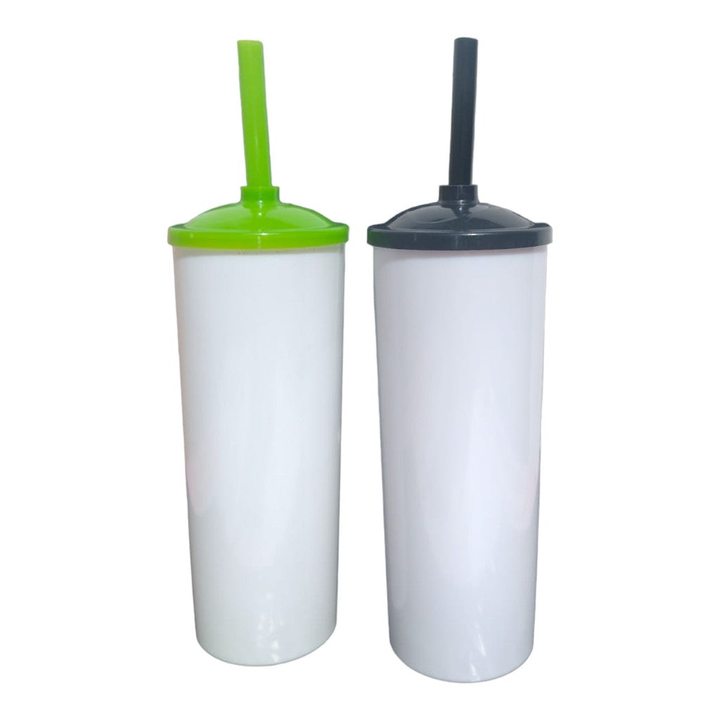 30 Long Drink Branco C/ Tampa e Canudo Colorido 350 Ml Para Transfer