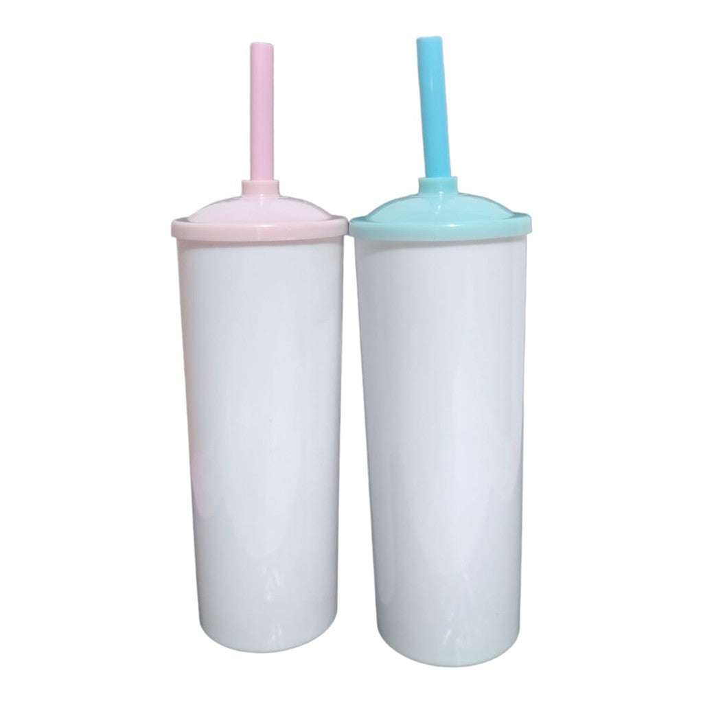 30 Long Drink Branco C/ Tampa e Canudo Colorido 350 Ml Para Transfer
