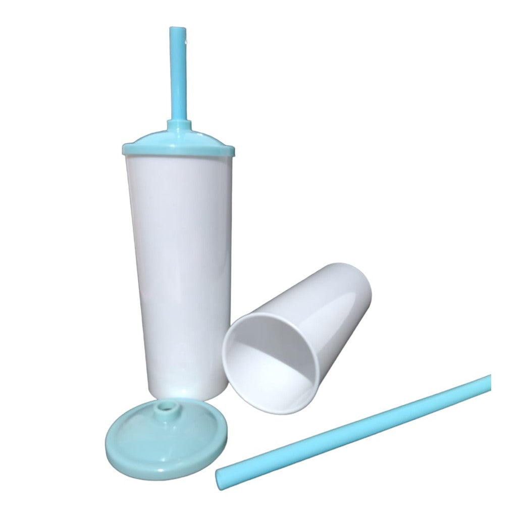 30 Long Drink Branco C/ Tampa e Canudo Colorido 350 Ml Para Transfer