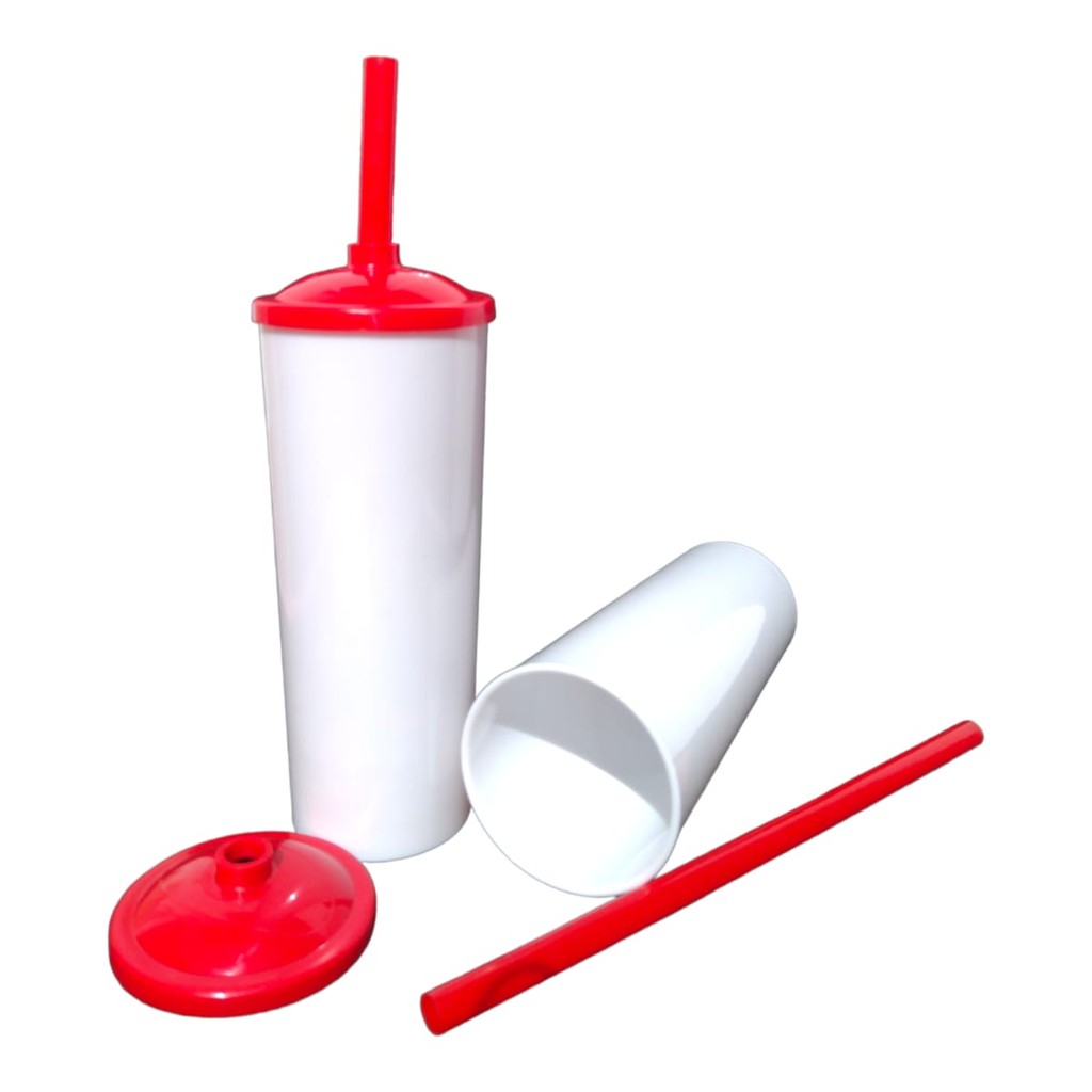 30 Long Drink Branco C/ Tampa e Canudo Colorido 350 Ml Para Transfer