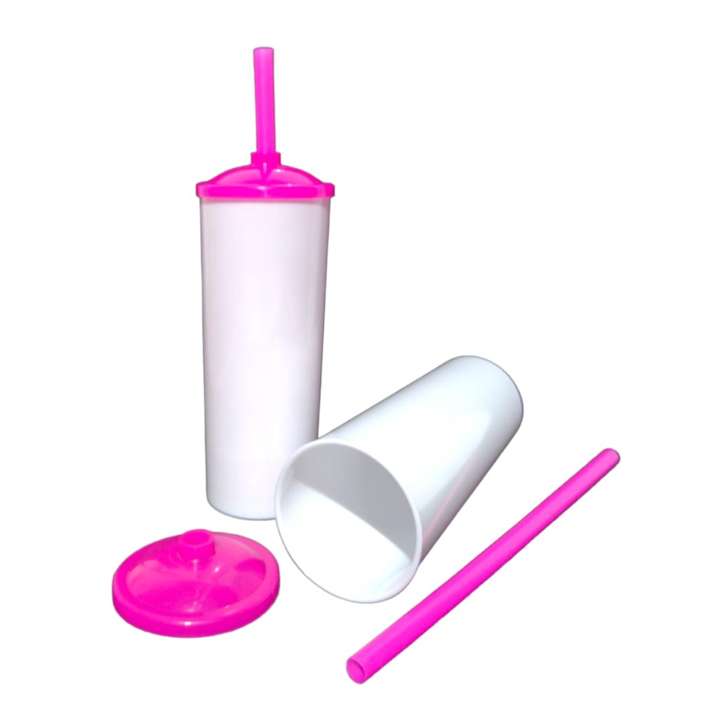 30 Long Drink Branco C/ Tampa e Canudo Colorido 350 Ml Para Transfer