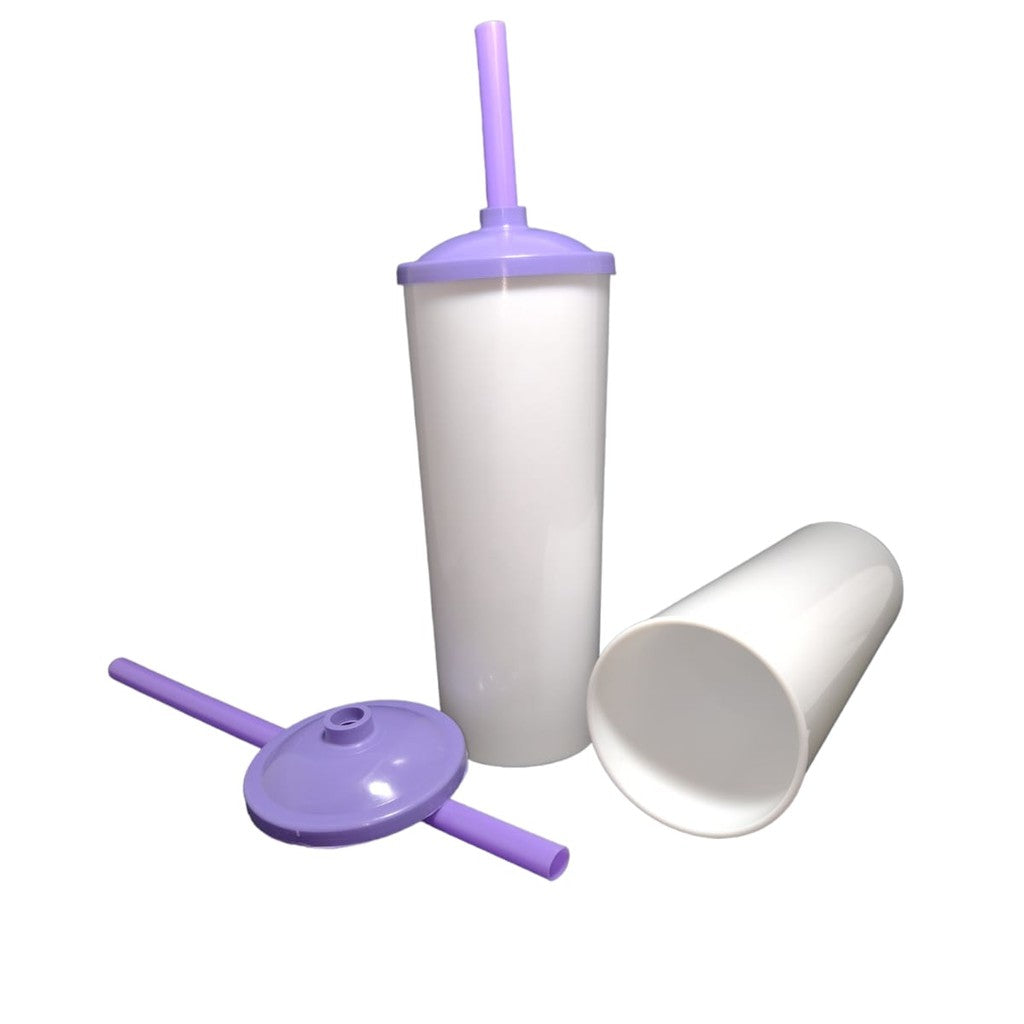 30 Long Drink Branco C/ Tampa e Canudo Colorido 350 Ml Para Transfer