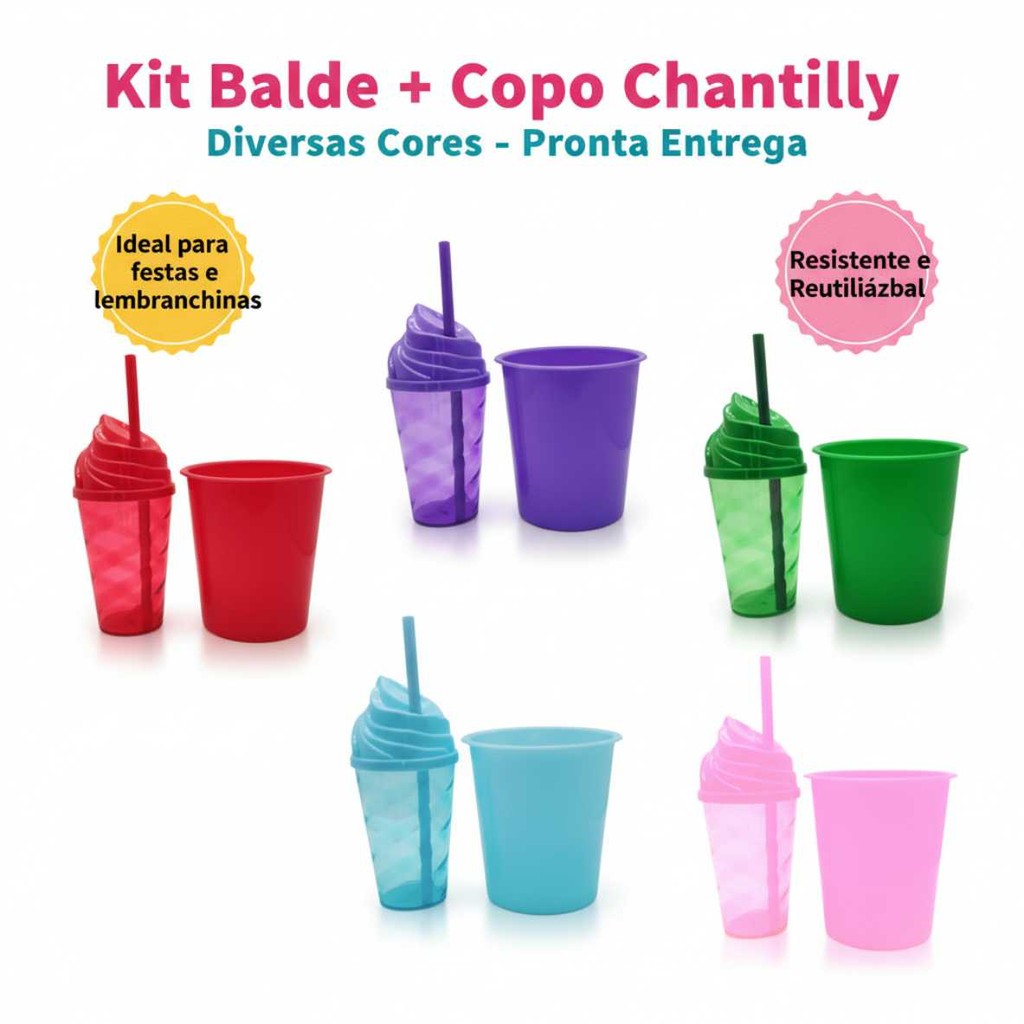 30 Kit Festa Baldinho Pipoca 1Lt + 30 Copos Chantily 400 Ml Lembrancinha Cinema Chá Reveleção